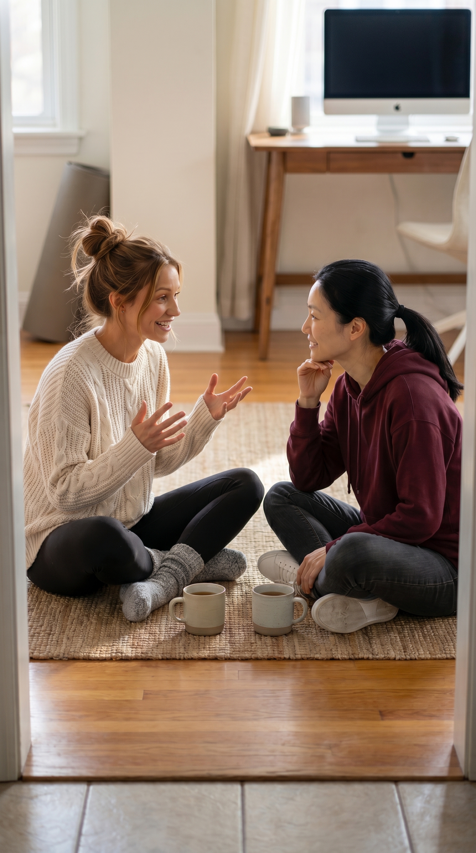 Elena explaining something with full hand gestures while Sarah provides the voice of reason